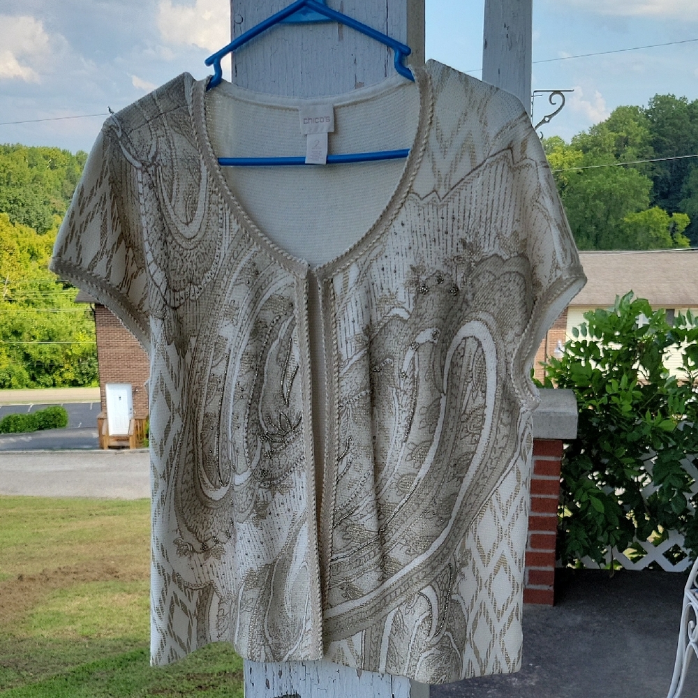 Chico's Beige and White Patterned Shrug Cover Beaded Sweater
